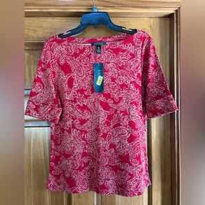 Lauren Ralph Lauren Red and Cream Paisley Short Sleeve Tee